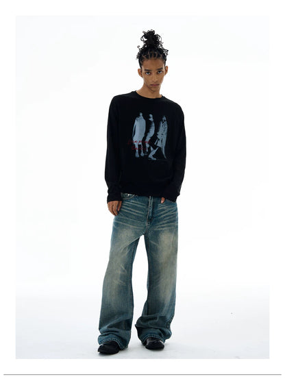 Black graphic long sleeve T-shirt, full view