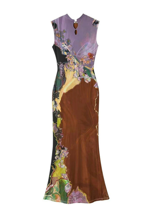 Contrast Print Reversible Qipao Dress