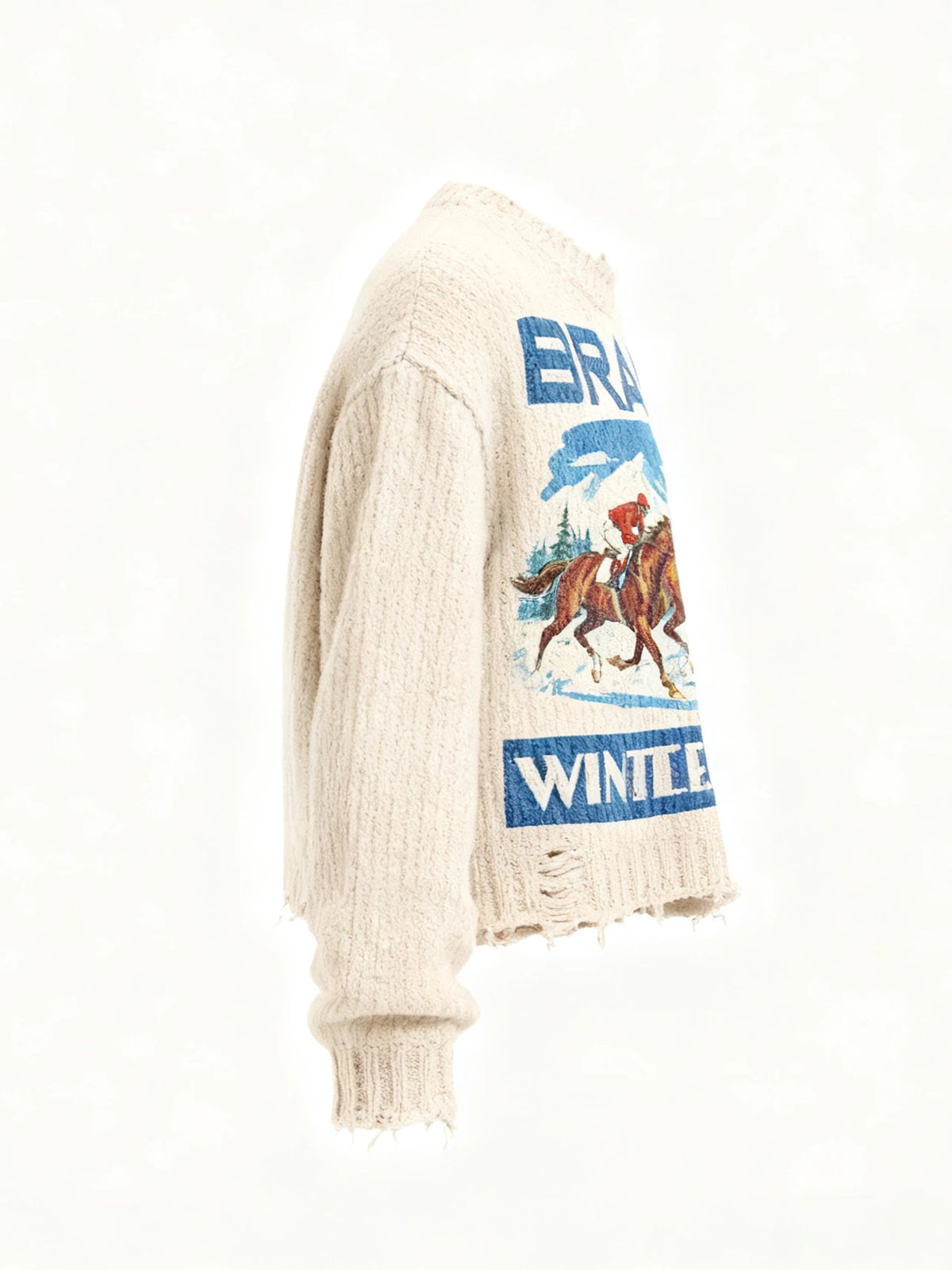 Side view of an off-white distressed knit sweater with a blue front graphic