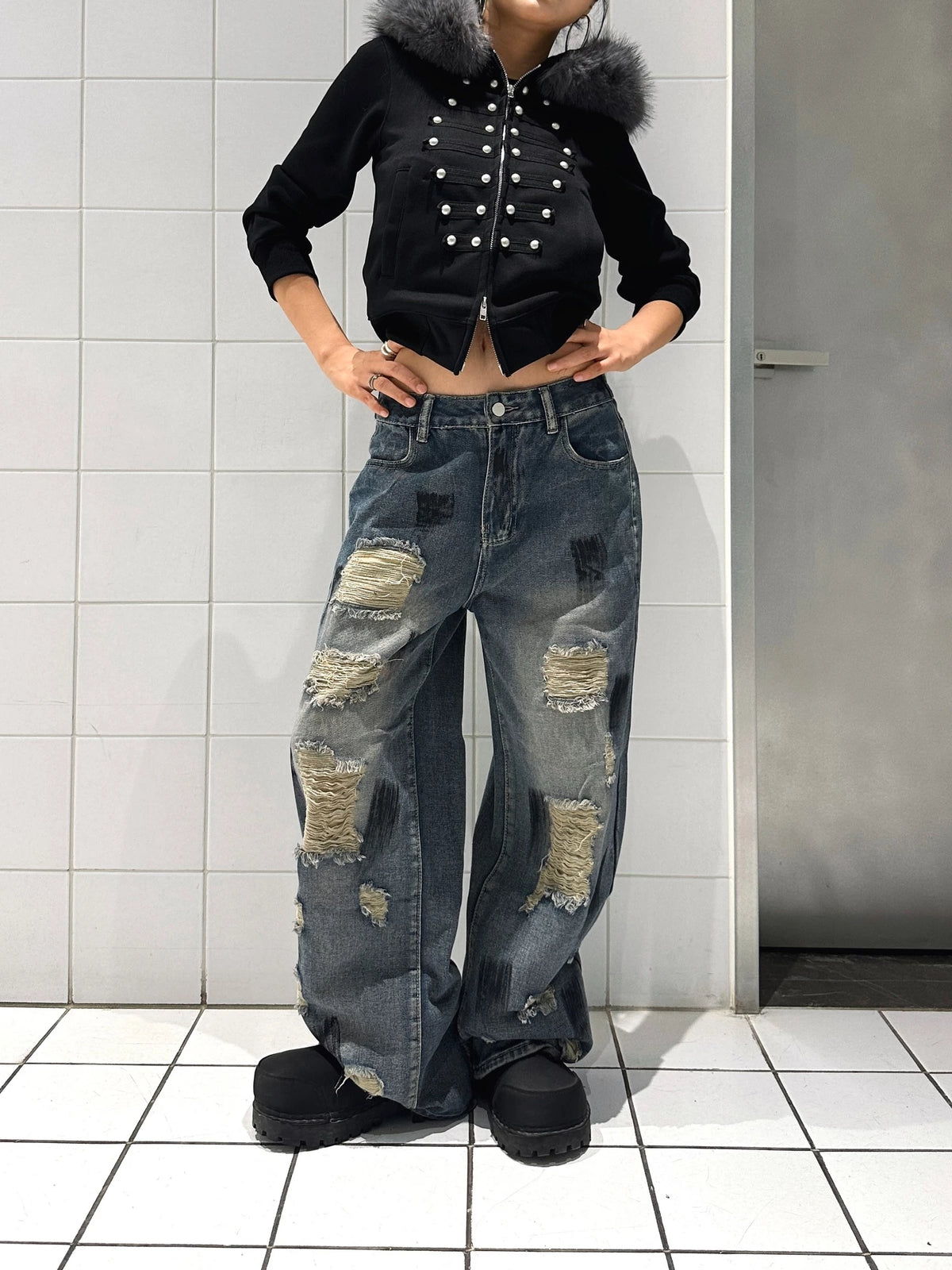Distressed Wide-Leg Jeans