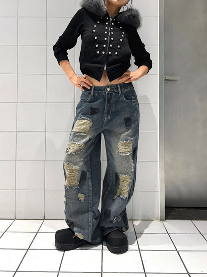 Distressed Wide-Leg Jeans