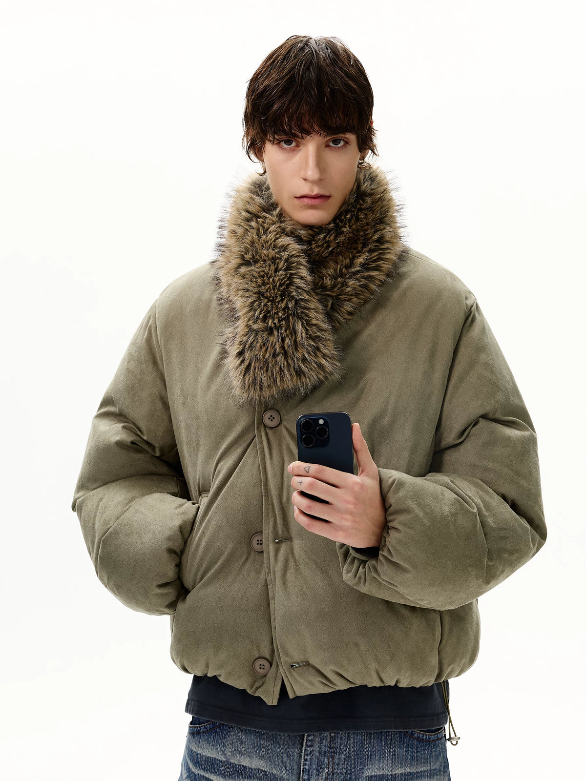 Olive padded jacket with detachable shaggy collar, front view