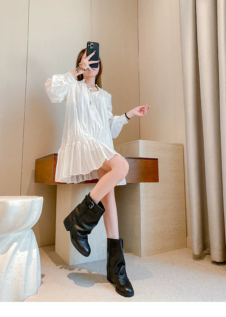 Women's Round Toe Wide-Shaft Block Heel Boots