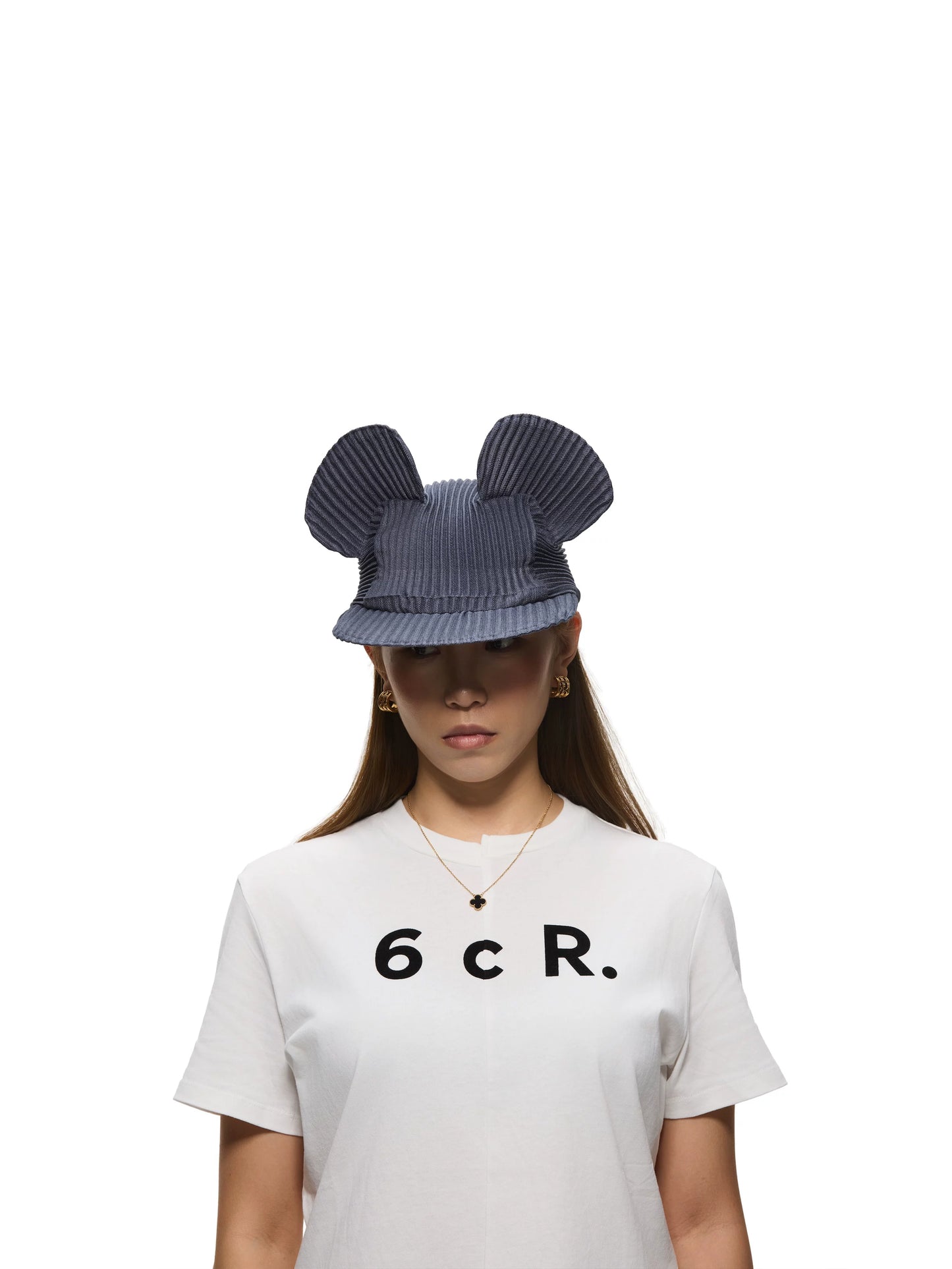 Denim Blue Pleated Ear Detail Flat Brim Baseball Cap