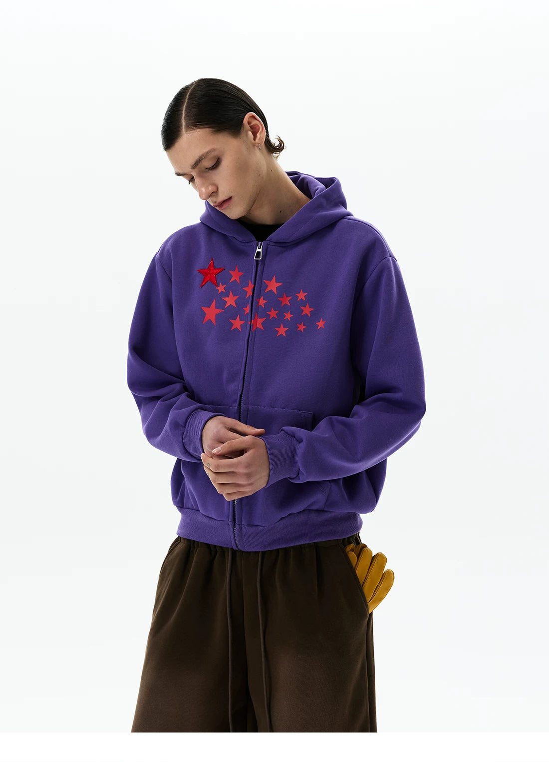 Purple hoodie, angled close front view
