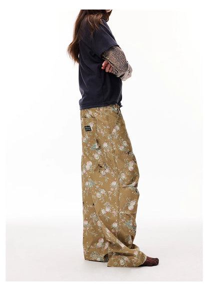 Distressed Floral Wide-Leg Cargo Pants