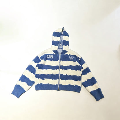 Blue and white striped hooded zip sweater, flat lay front view