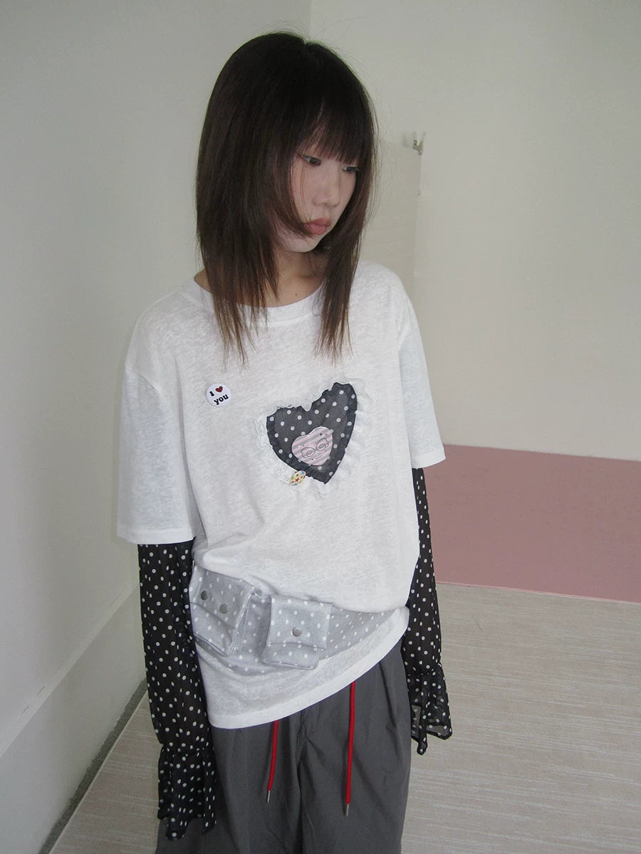 Heart Applique Polka Dot Long Sleeve Tee