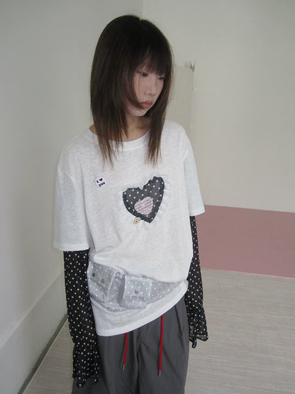 Heart Applique Polka Dot Long Sleeve Tee