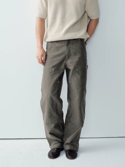 Model wearing taupe cotton moleskin double-knee pants