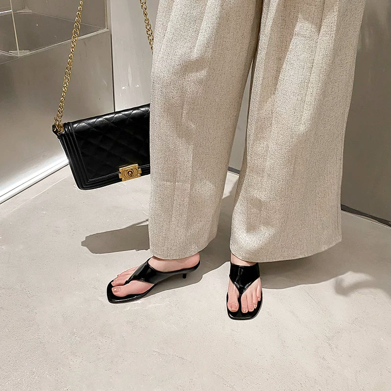 Women's Square Toe Mid-Heel Thong Slide Sandals