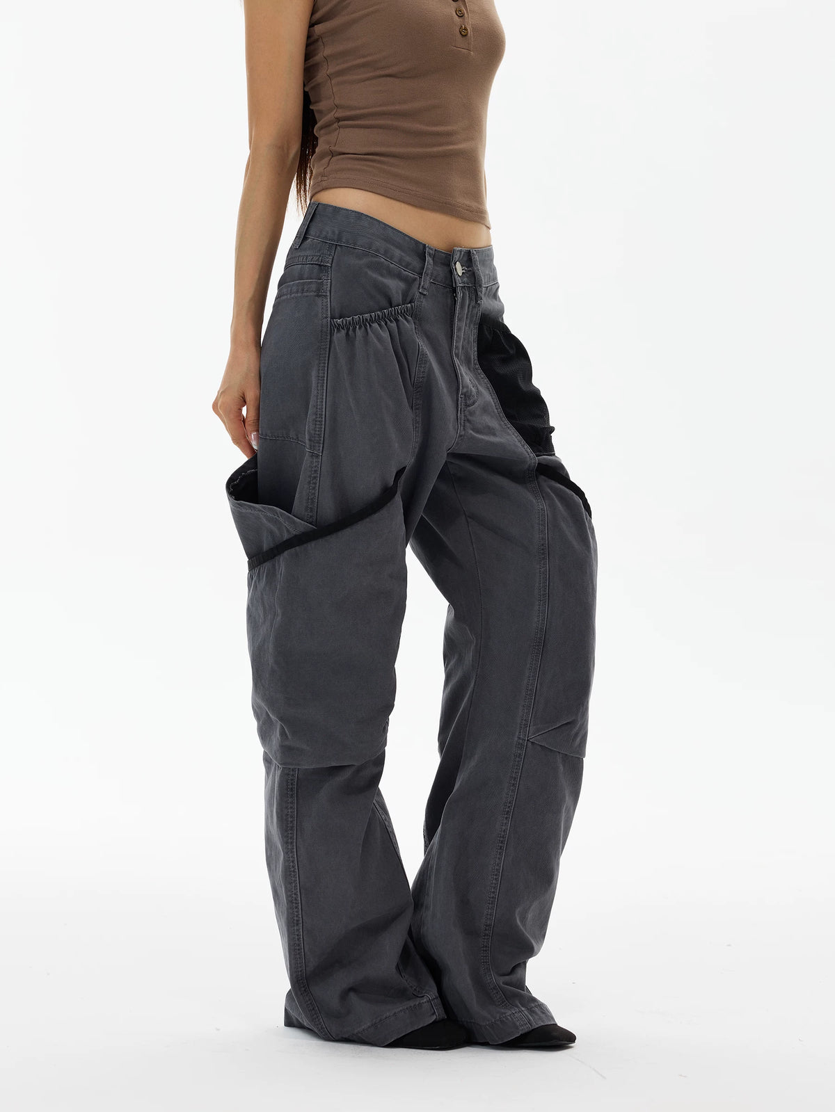 Charcoal wide-leg cargo pants, side view