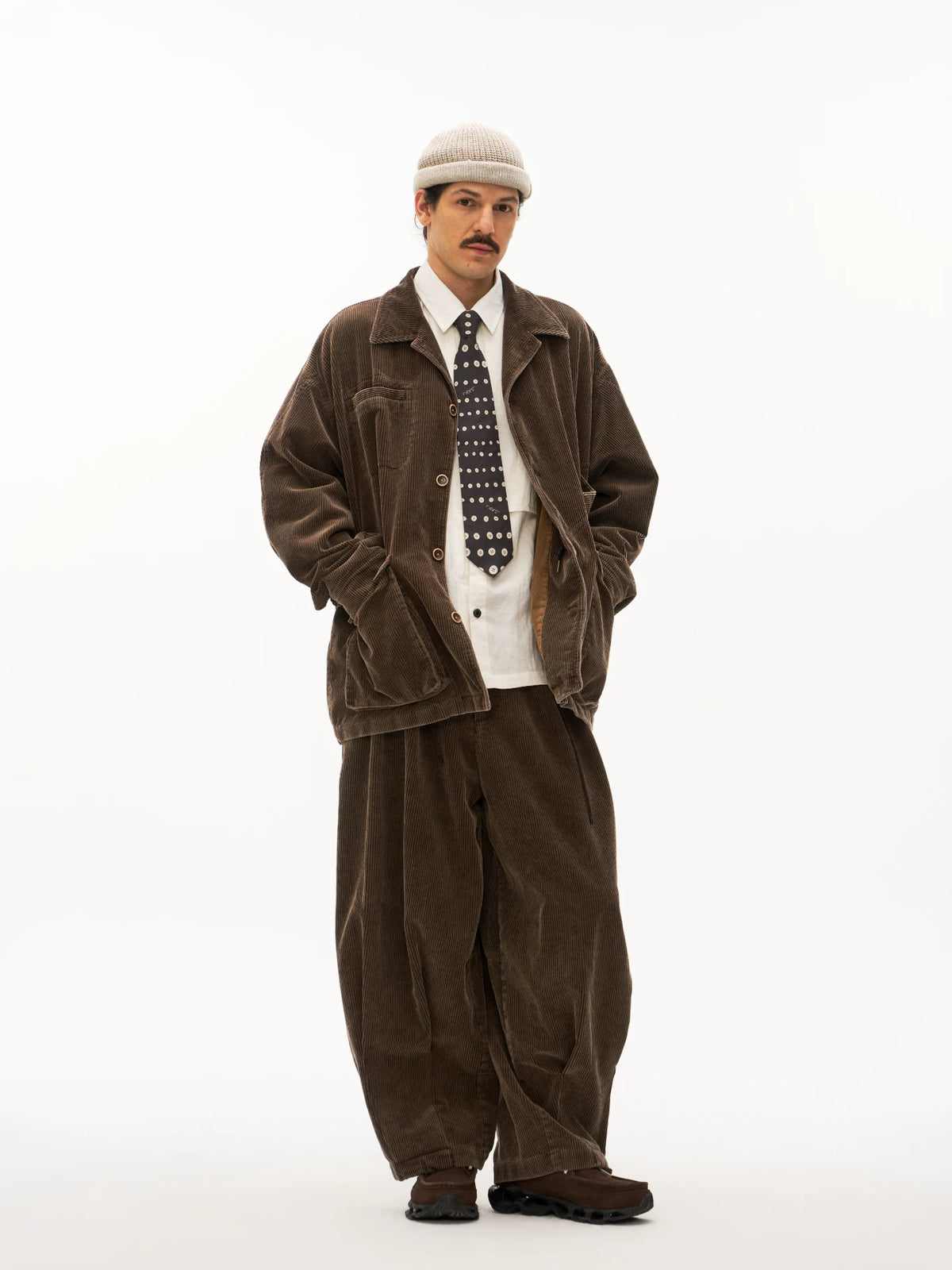 Washed Corduroy Balloon Trousers in brown product photo