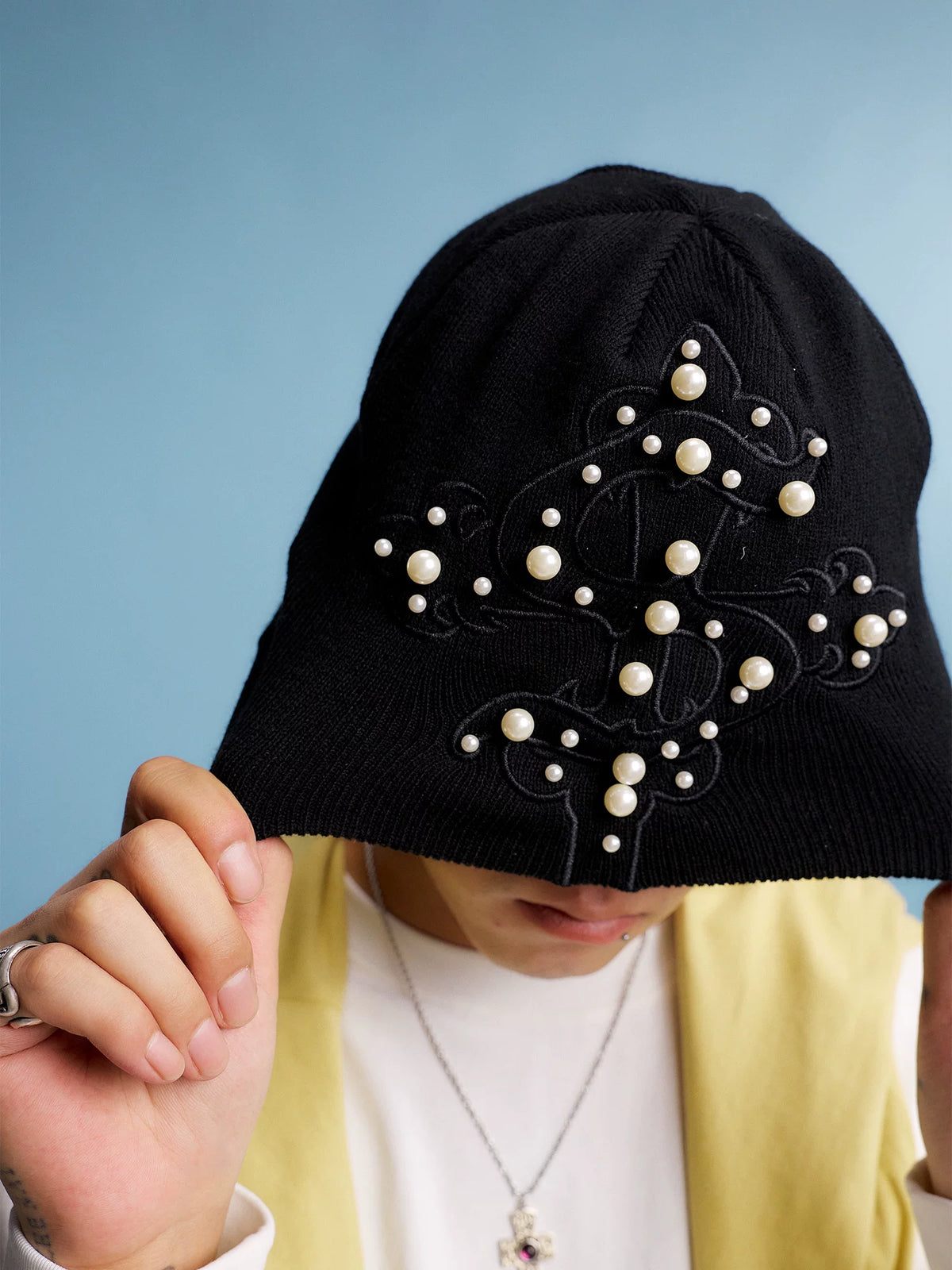 Pearl Cross Embroidered Knit Beanie in black