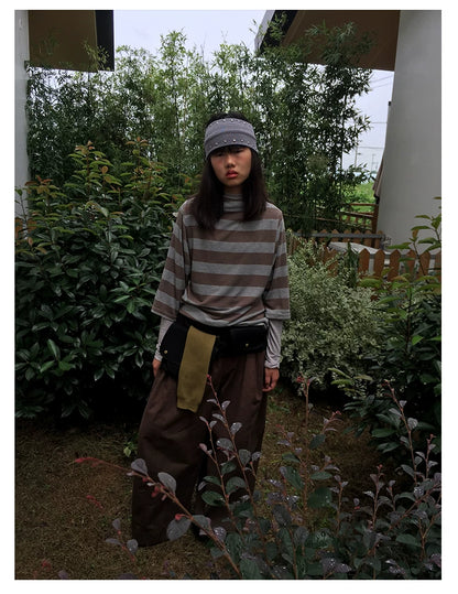 Brown Stripe Mock-Neck Three-Quarter Sleeve Tee