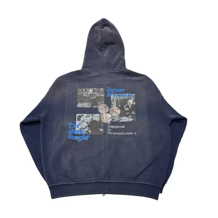 Faded navy graphic zip hoodie, back view