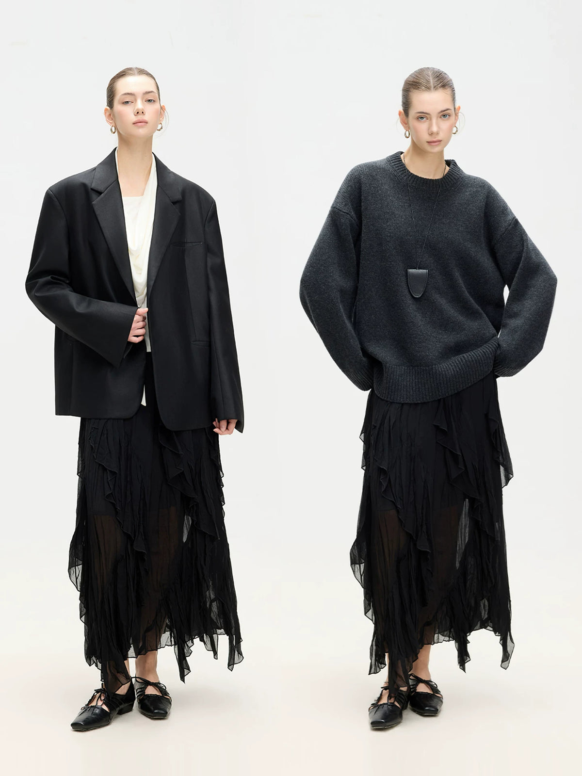 Asymmetric Mesh Pleated Midi Skirt