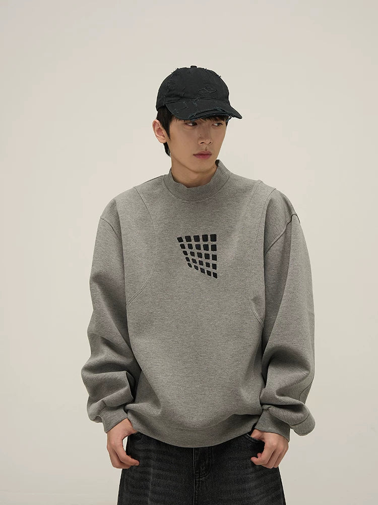 Grid Motif Relaxed Crewneck Sweatshirt in gray