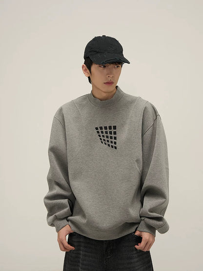Grid Motif Relaxed Crewneck Sweatshirt in gray