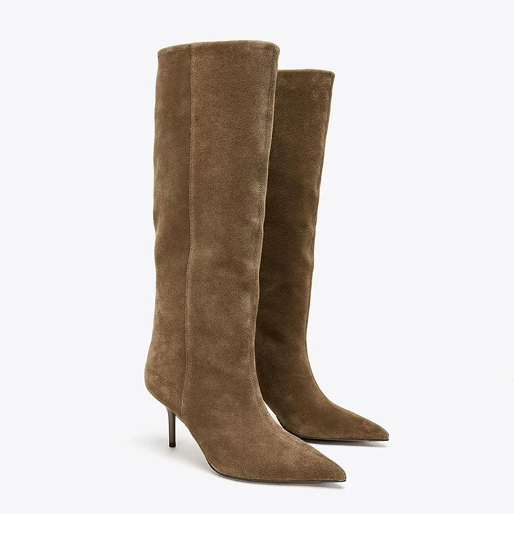 Women's Pointed Toe Stiletto Wide-Shaft Knee-High Boots