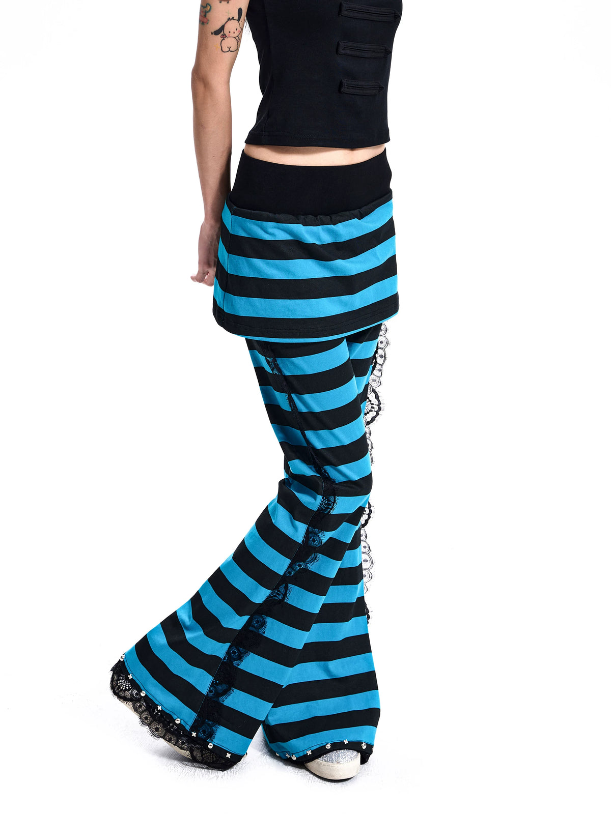 Striped Lace-Trim Flare Pants