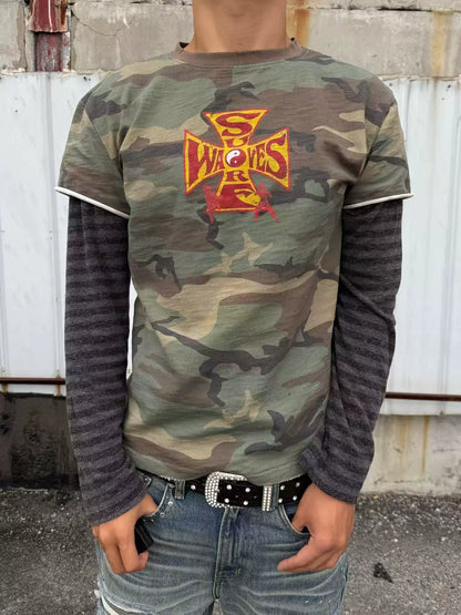 Camo layered-sleeve T-shirt, back view on model