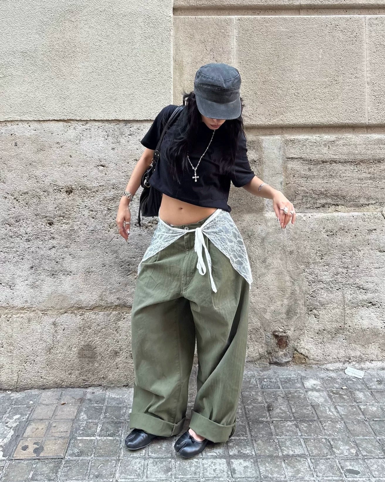 Washed Green Herringbone Wide Leg Pants