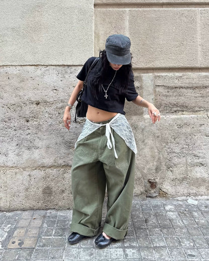 Washed Green Herringbone Wide Leg Pants