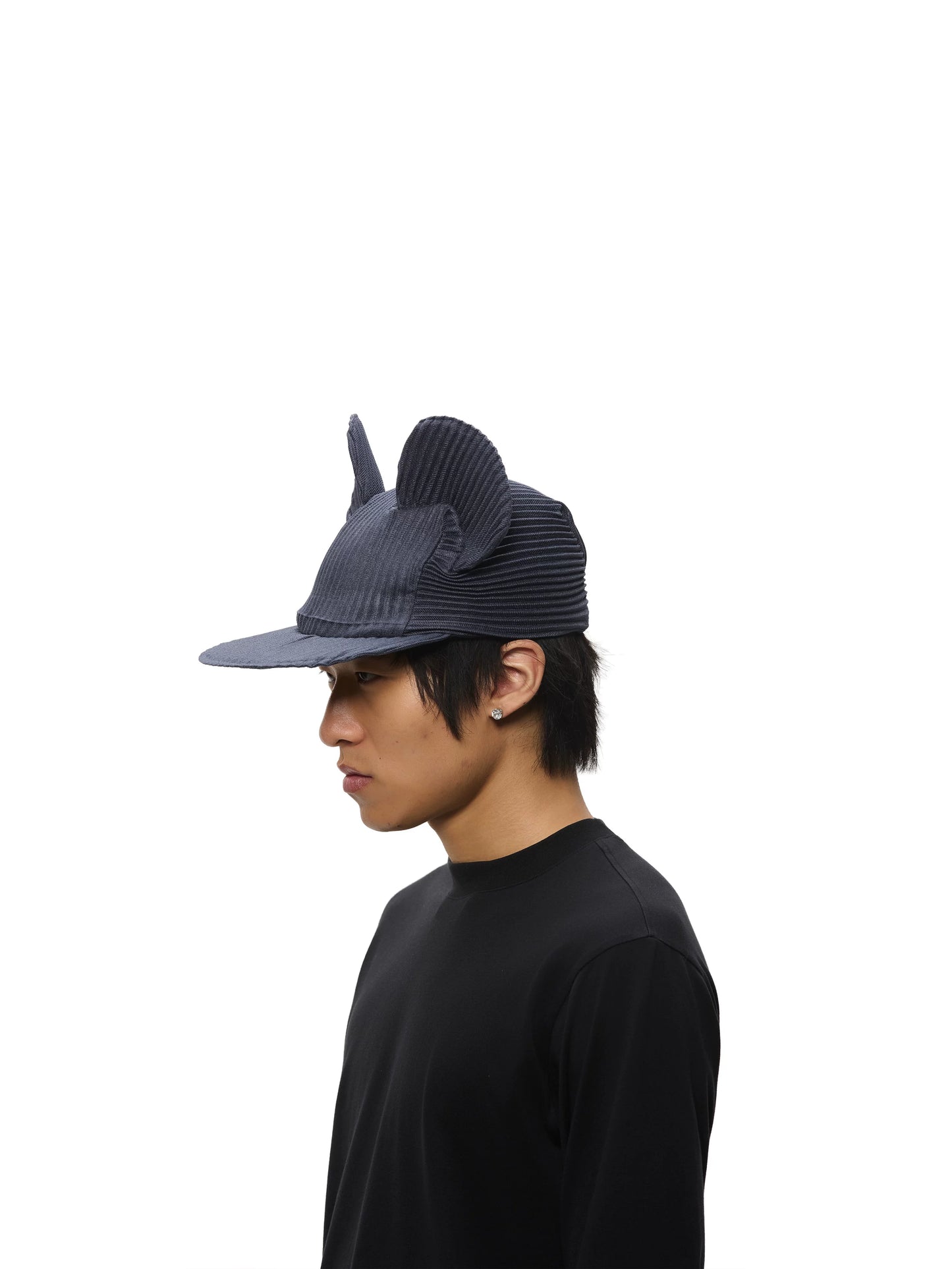 Denim Blue Pleated Ear Detail Flat Brim Baseball Cap