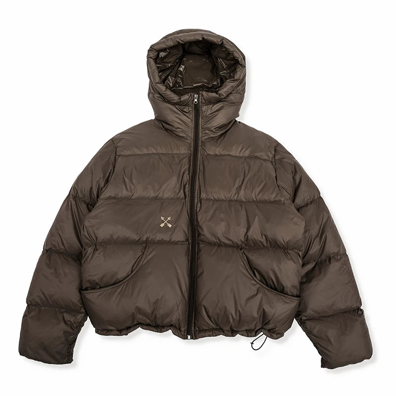 Brown hooded puffer jacket, product view