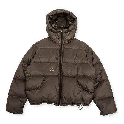 Brown hooded puffer jacket, product view