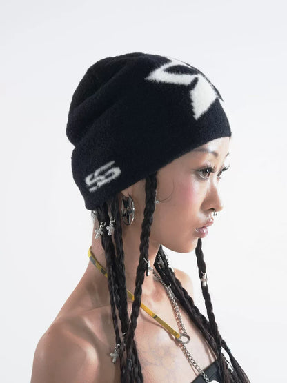 Split Black and White Star Faux Mohair Beanie side view