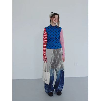 Blue Polka Dot Stripe Colorblock Long-Sleeve Tee