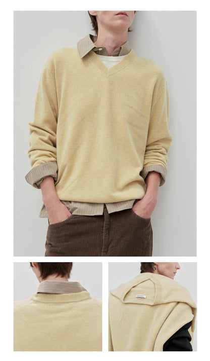 Wool cashmere crewneck sweater, model wearing light yellow crewneck sweater