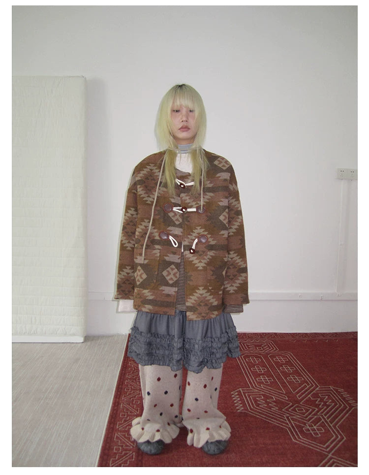 Brown Geometric Jacquard Padded Toggle Coat