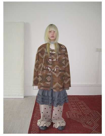 Brown Geometric Jacquard Padded Toggle Coat