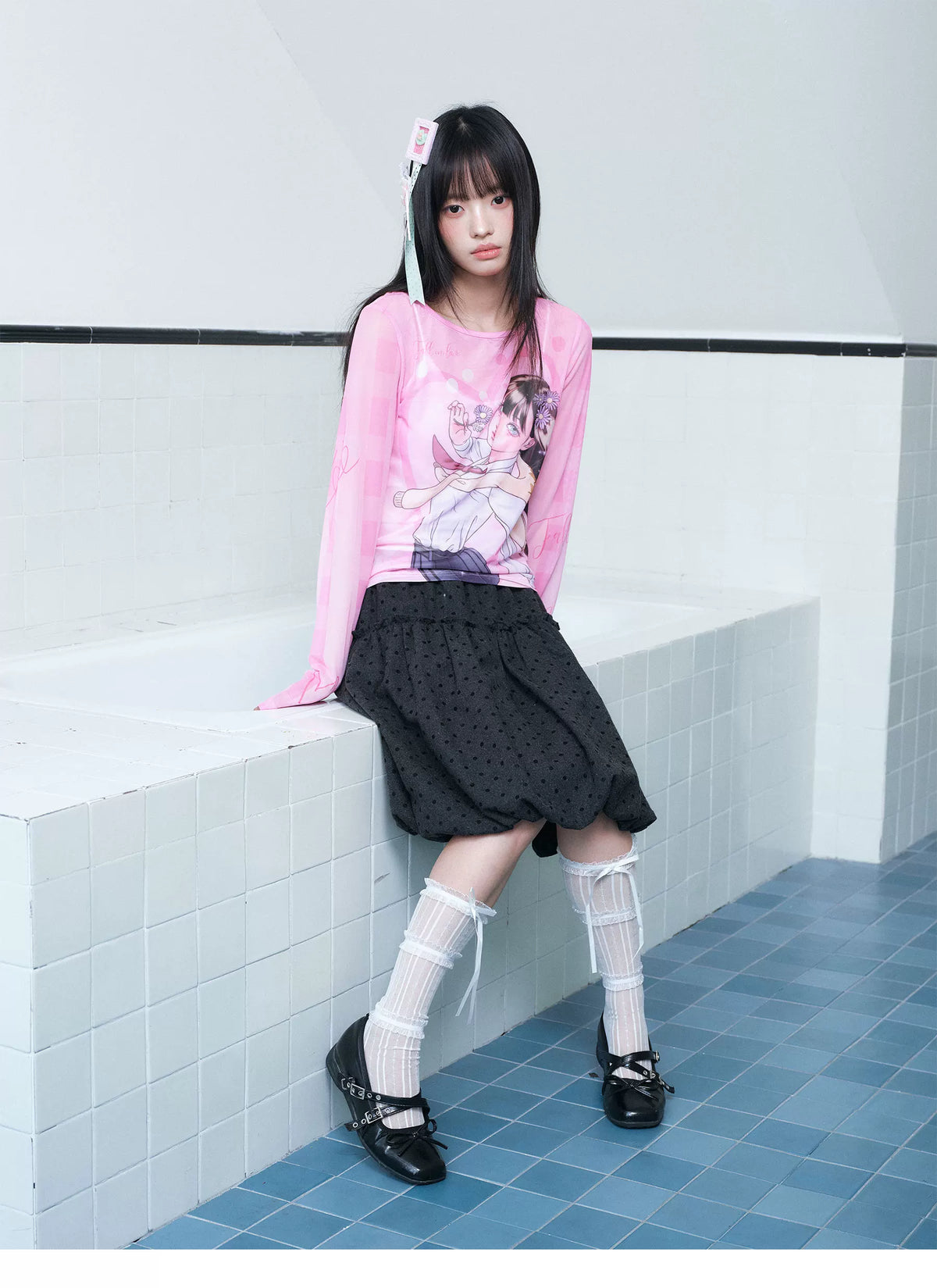 Printed Mesh Sleeve Long Sleeve Top