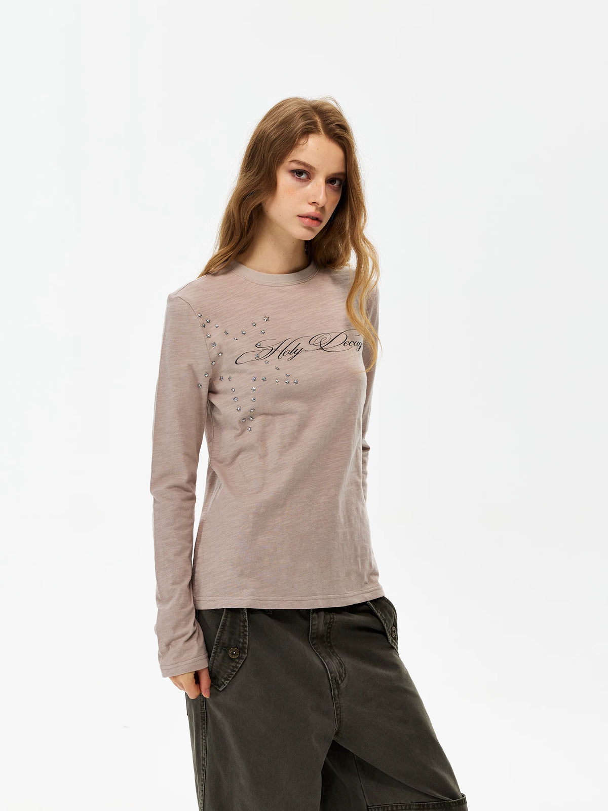 Unisex Star Graphic Long Sleeve T-Shirt in beige