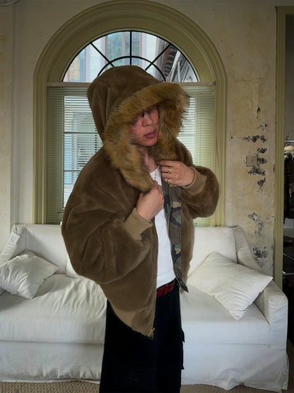 Brown faux-fur jacket, close front view
