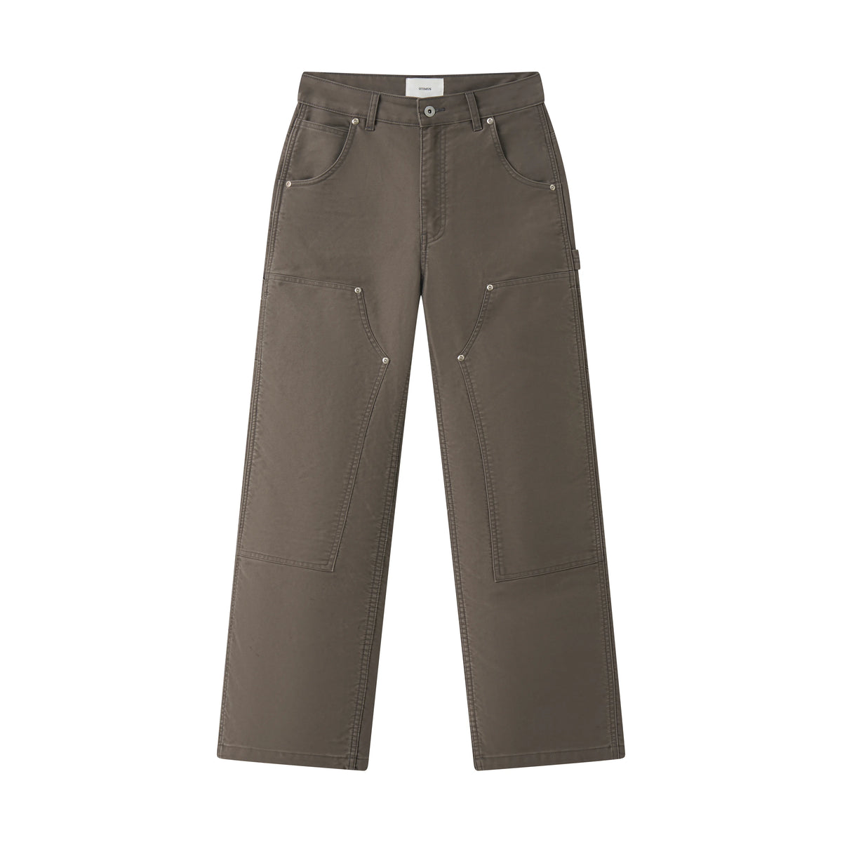 Taupe cotton moleskin double-knee pants on a white background