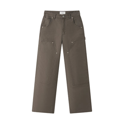 Taupe cotton moleskin double-knee pants on a white background