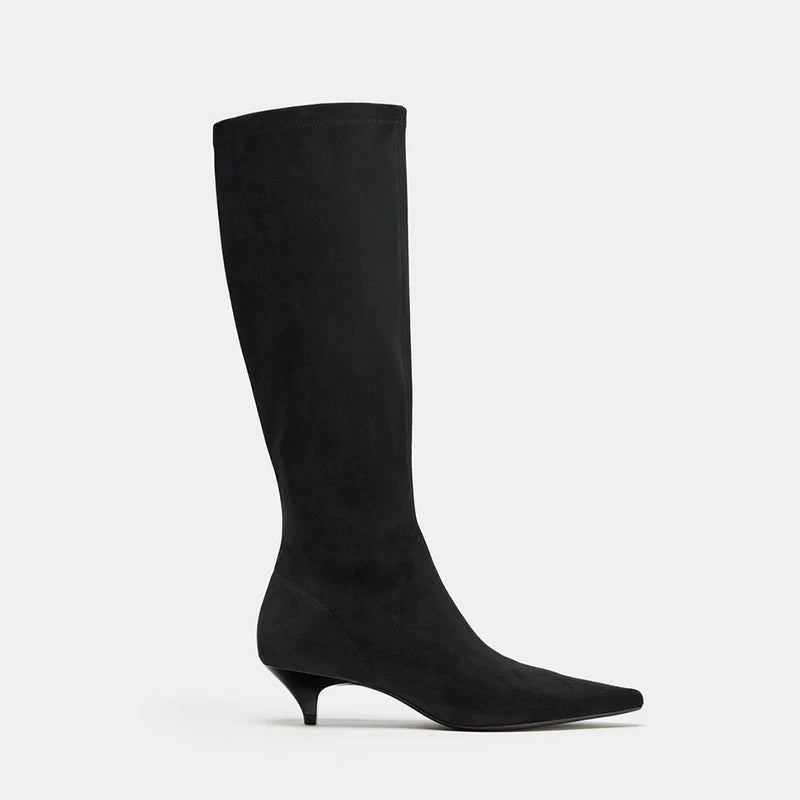 Women's Pointed Toe Kitten Heel Knee-High Boots