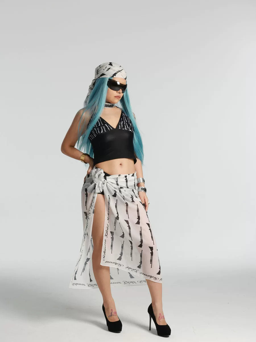Black and White Rifle Print Multi-Way Scarf worn as a wrap skirt