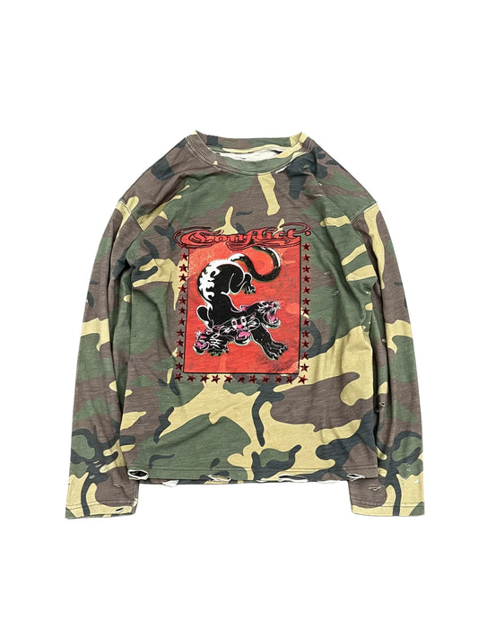 Camouflage graphic shirt shown from the front