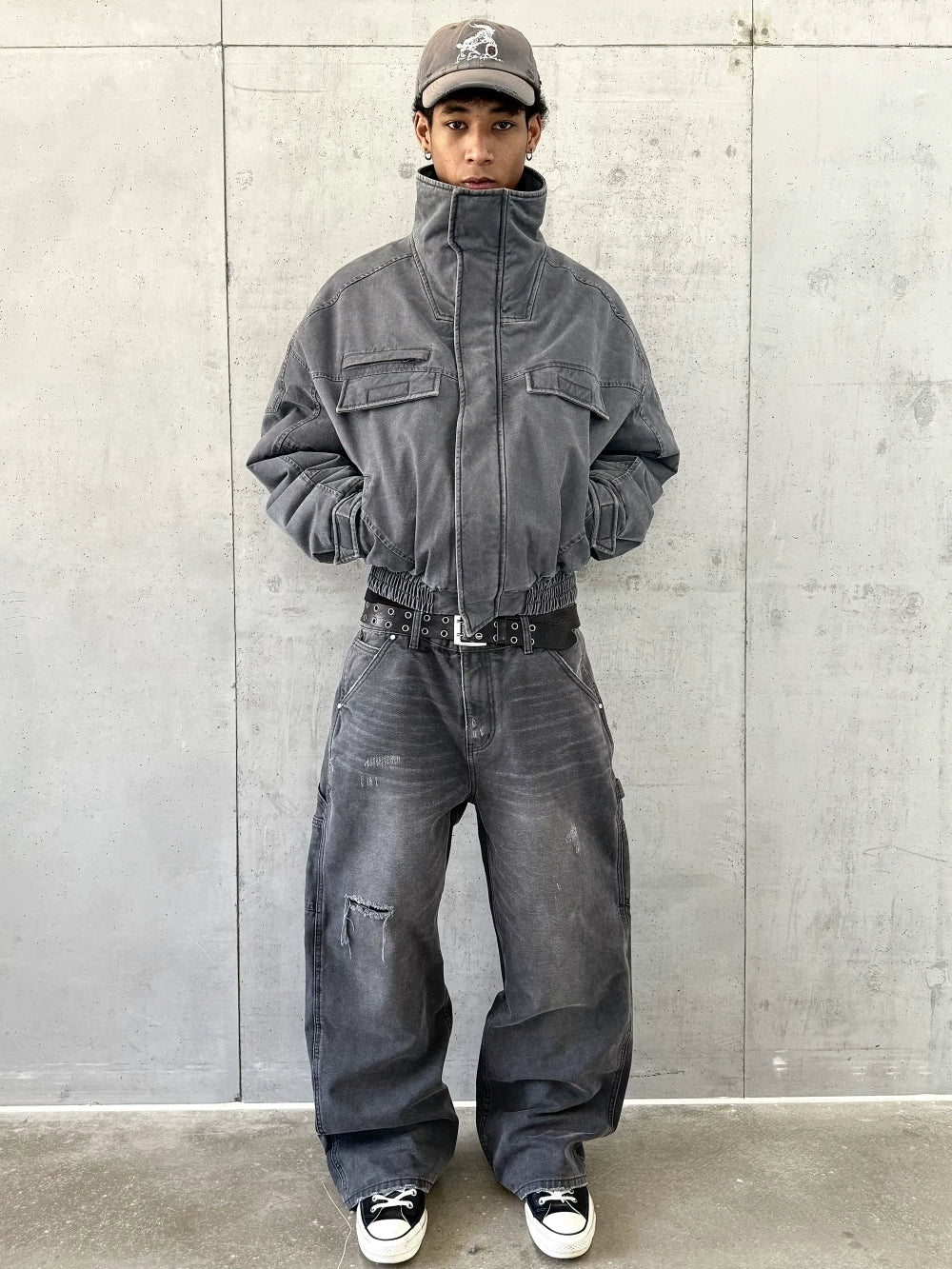 VLABMADE Distressed Faux-Fur Lined High-Collar Jacket