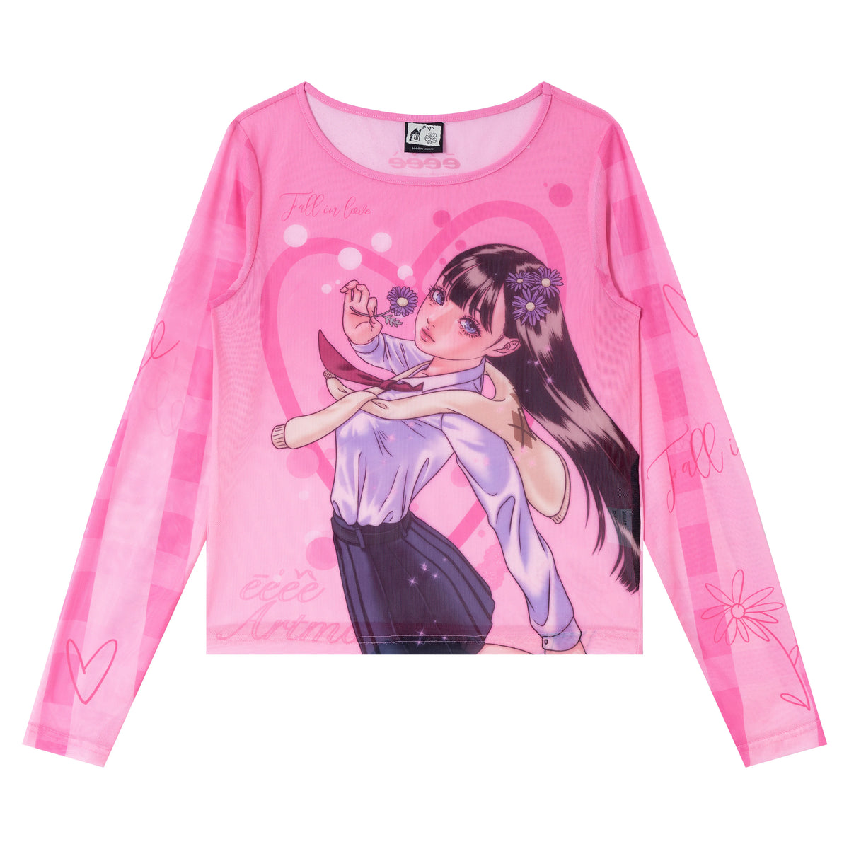 Printed Mesh Sleeve Long Sleeve Top