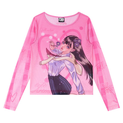 Printed Mesh Sleeve Long Sleeve Top