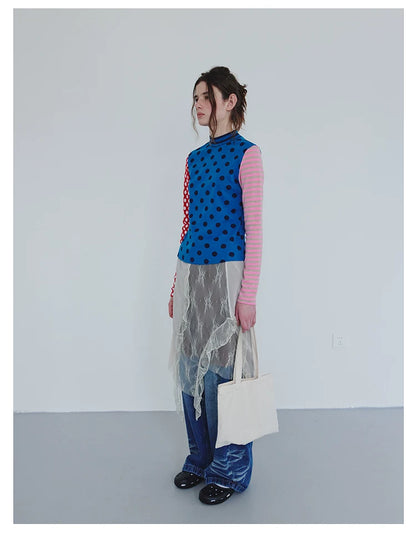 Blue Polka Dot Stripe Colorblock Long-Sleeve Tee