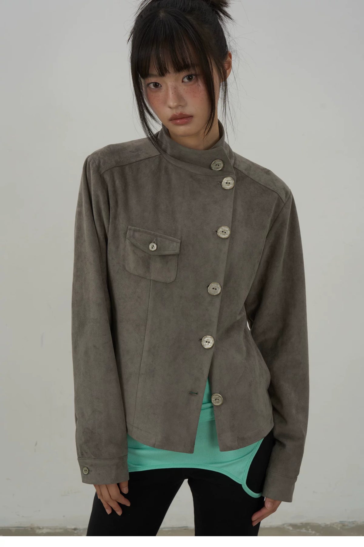 Asymmetric Button Faux Suede Jacket