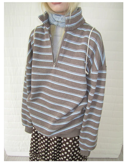 Brown Stripe Half-Zip Sweatshirt